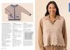 A smiling person wearing a beige collared shirt layered with a knitted beige vest featuring a decorative hem. Adjacent is an image of a beige cardigan with blue trim, displayed flat. The tone is warm and inviting.