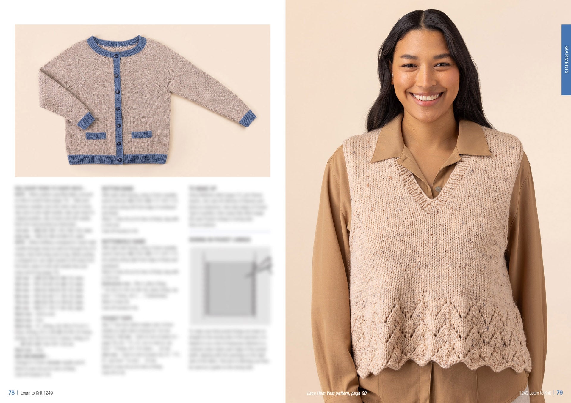 A smiling person wearing a beige collared shirt layered with a knitted beige vest featuring a decorative hem. Adjacent is an image of a beige cardigan with blue trim, displayed flat. The tone is warm and inviting.