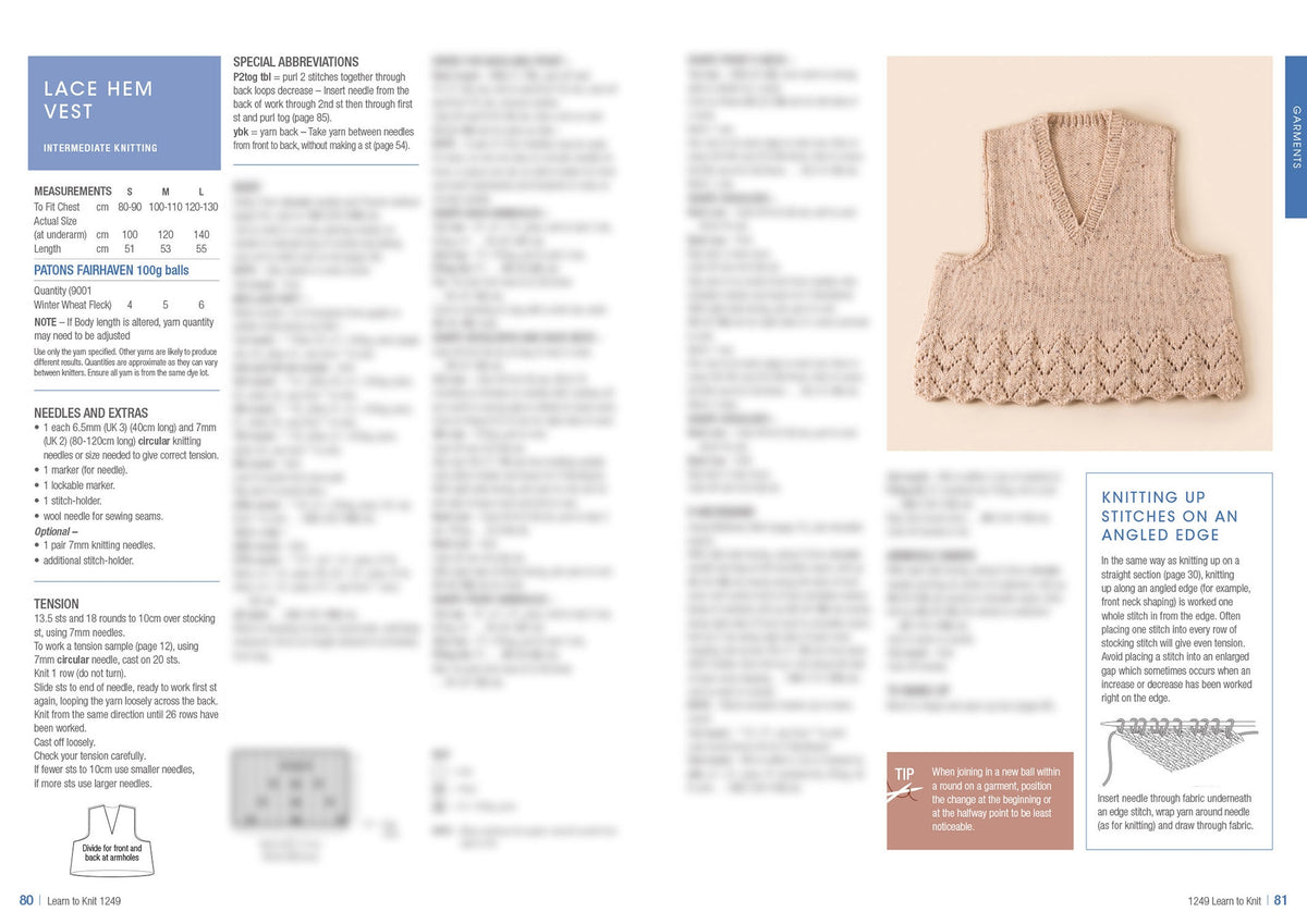 A knitting pattern page features a beige lace hem vest with a V-neck. Instructions, including measurements and materials, are on the left, while a knitting tip and a close-up of angled edge stitches are on the right. The tone is informative and instructional.