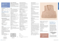 A knitting pattern page features a beige lace hem vest with a V-neck. Instructions, including measurements and materials, are on the left, while a knitting tip and a close-up of angled edge stitches are on the right. The tone is informative and instructional.