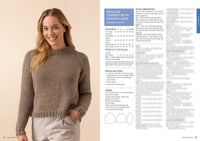 A smiling woman wearing a cozy, brown knitted raglan jumper with long sleeves. Next to her is a knitting pattern for the jumper, including measurements and instructions. Neutral background and warm, inviting tone.
