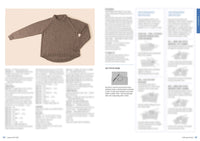 A knitted brown sweater with long sleeves displayed on a beige background. Adjacent are blurred text and knitting instructions, creating an instructional tone.