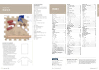 A double-page spread featuring a 'How to Block' guide on the left with tools on a textured mat, and an index on the right listing knitting topics.