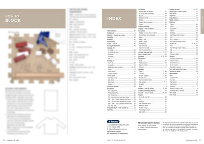 A double-page spread featuring a 'How to Block' guide on the left with tools on a textured mat, and an index on the right listing knitting topics.