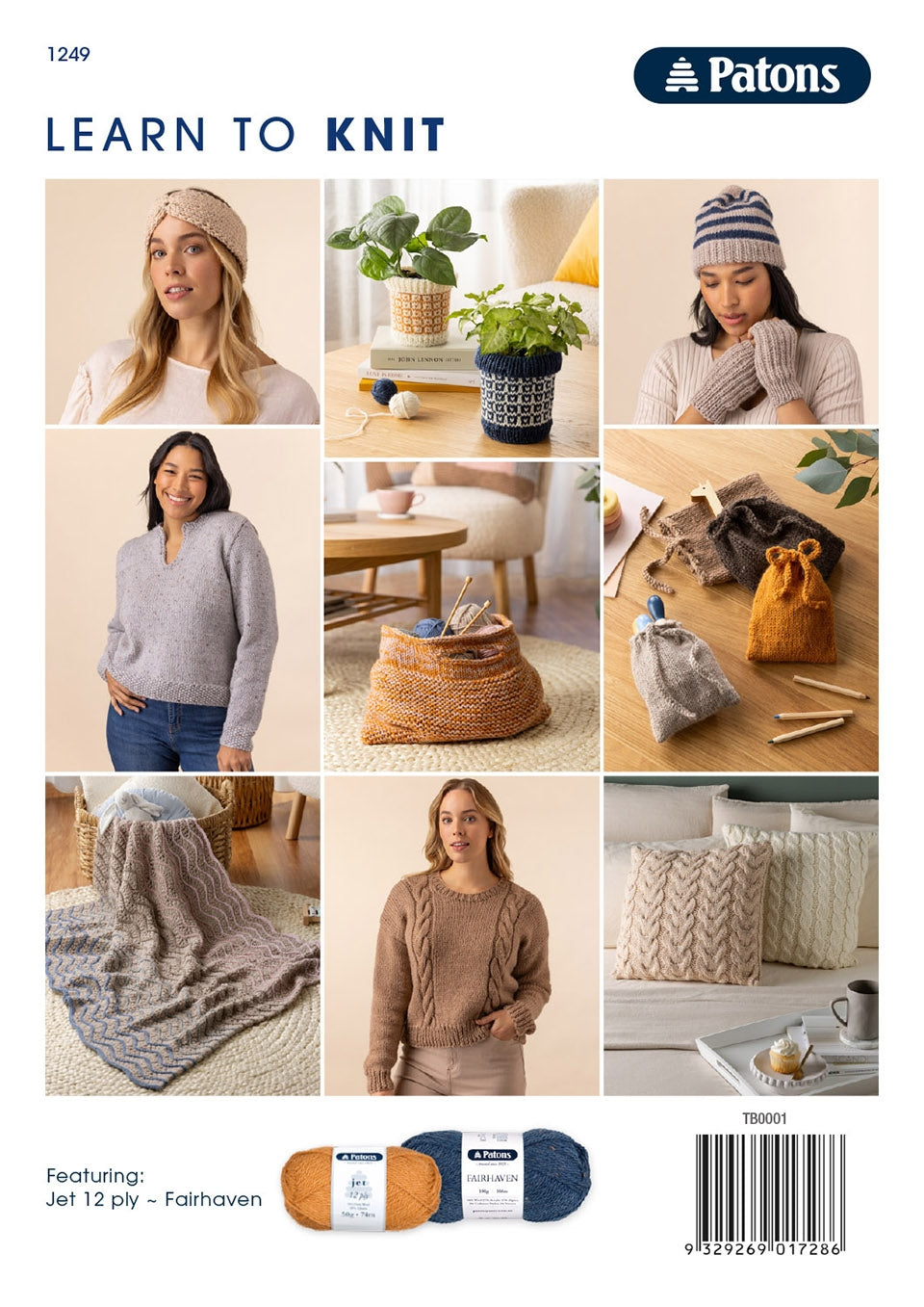 Collage with knitted items and models in cozy knitwear. Includes plants, knitted baskets, and colorful yarn. Warm, inviting tones. "Learn to Knit" text.