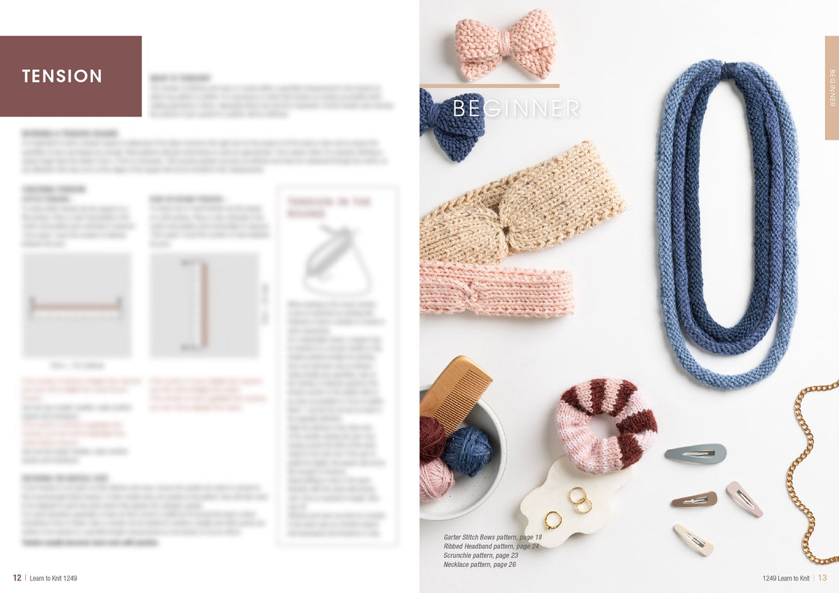 A knitting magazine spread. Left page: text on tension with diagrams and a blurred image. Right page: knitted accessories—bows, headbands, necklace, hair clips, yarn balls—all in pastel colors, labeled "BEGINNER." The mood is inviting and creative.