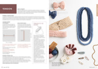 A knitting magazine spread. Left page: text on tension with diagrams and a blurred image. Right page: knitted accessories—bows, headbands, necklace, hair clips, yarn balls—all in pastel colors, labeled "BEGINNER." The mood is inviting and creative.