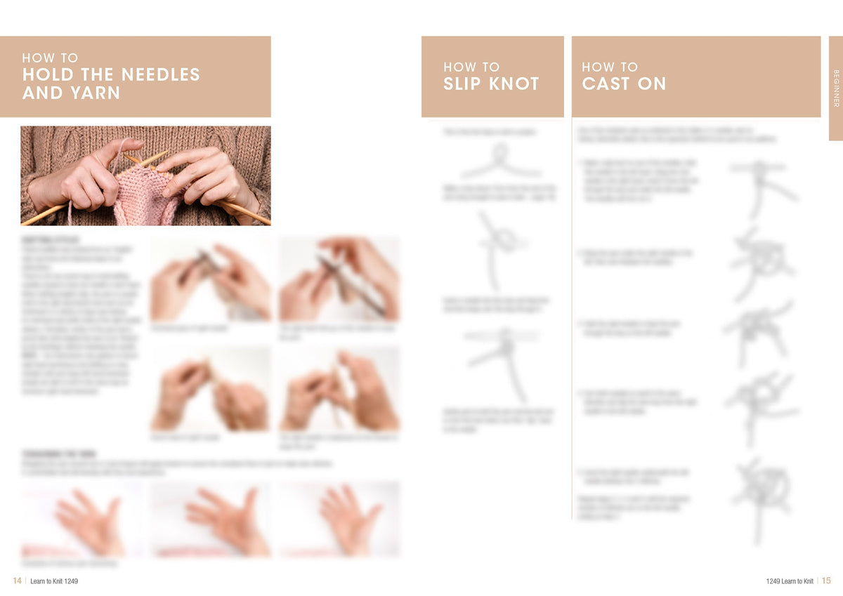 Knitting guide with sections: 'How to Hold the Needles and Yarn,' 'How to Slip Knot,' and 'How to Cast On.' Images show hands demonstrating techniques with knitting needles and yarn.