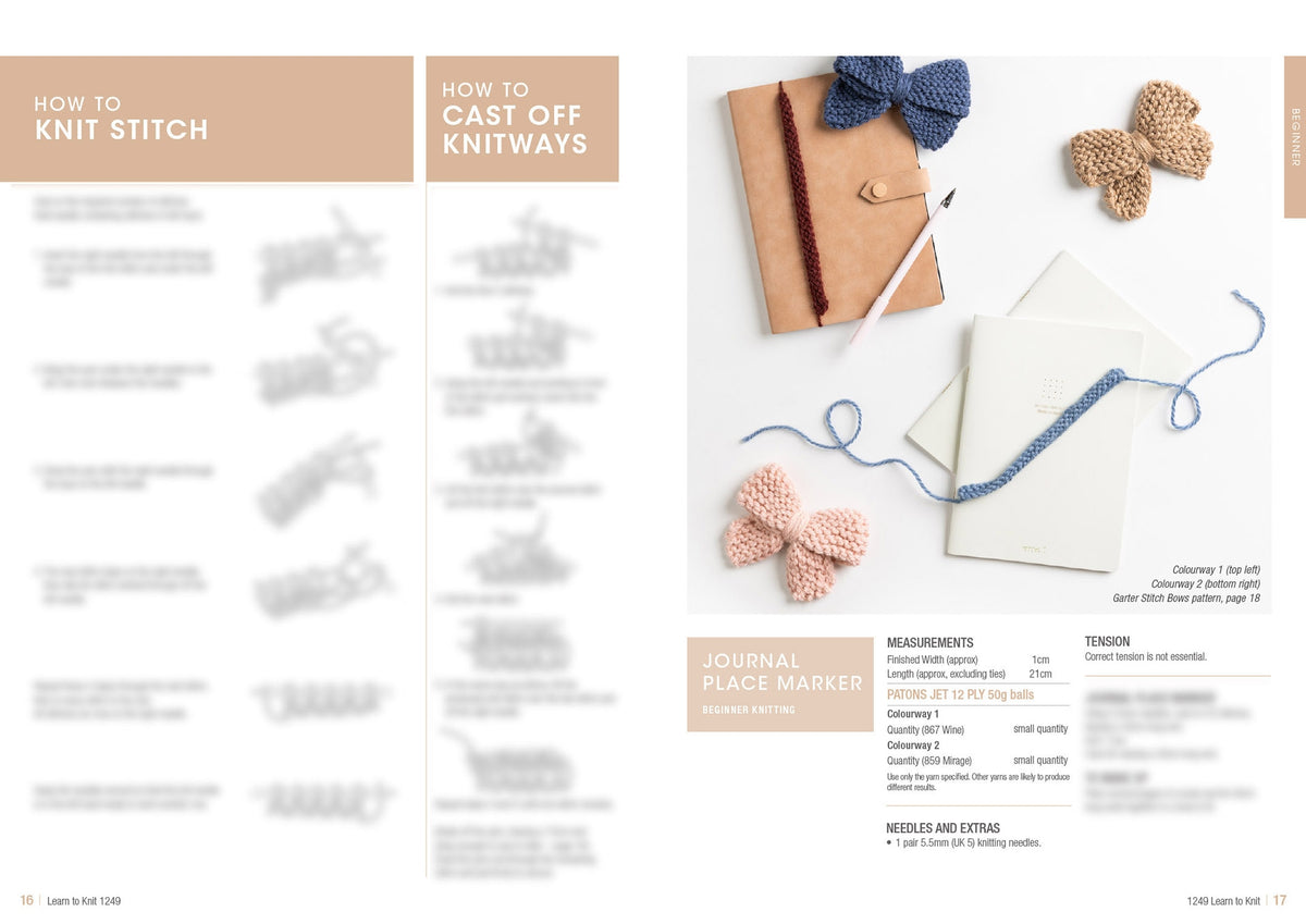 Knitting tutorial page showing steps for knitting and casting off, with a notebook, patterns, and knitted butterflies. The tone is inviting and creative.