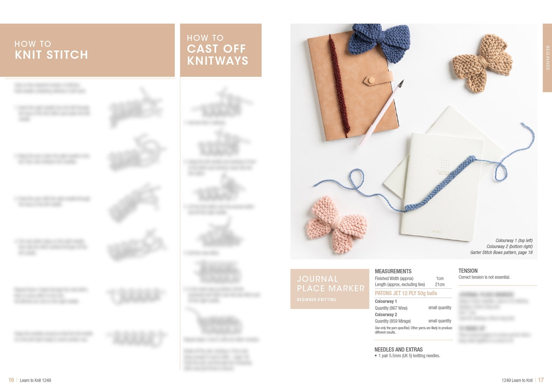 Knitting tutorial page showing steps for knitting and casting off, with a notebook, patterns, and knitted butterflies. The tone is inviting and creative.