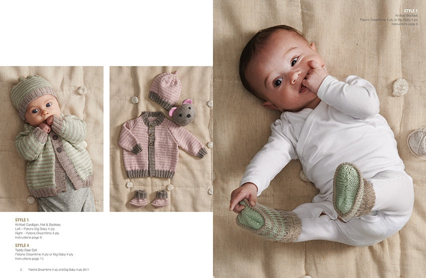 Baby in soft knitwear and a white onesie lying on a beige quilted surface. Nearby, a laid out pink-and-grey knitted set with bear hat adds a cozy feel.