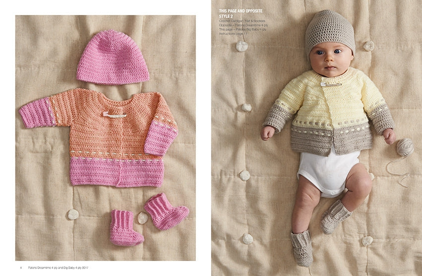 A baby in a crochet outfit lies on a beige quilt. The left side shows a pink and orange set with a hat, sweater, and socks. Calm, cozy atmosphere.