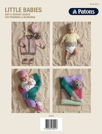 Cover of Patons 'Little Babies' knitting book featuring four squares. Top left: pink knit baby outfit with bear hat. Top right: baby wearing a yellow knit sweater and gray hat. Bottom left: baby wrapped in a colorful knit blanket with purple hat. Bottom right: another colorful knit blanket with a bear motif. The tone is cozy and playful.