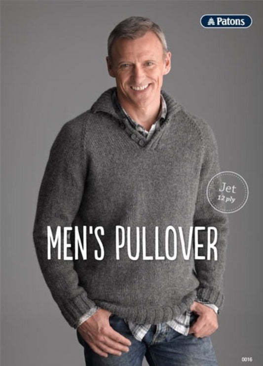 Smiling man in a gray knit pullover against a gray background. Text reads "Men's Pullover" and "Jet 12 ply." Warm, casual, and stylish mood.