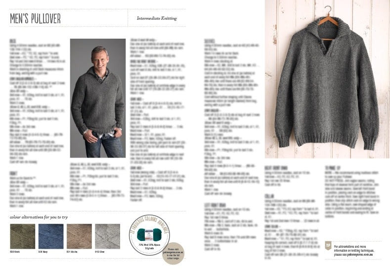 A knitting pattern for a men's pullover is shown. The left side displays a man wearing a gray sweater, smiling. The right side features the same sweater on a hanger against a rustic wooden background. Below are color swatches and knitting instructions. The tone is cozy and inviting.