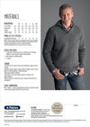 A smiling man wearing a gray knitted sweater and jeans stands with hands in pockets. Next to him, there is a list of knitting materials. The tone is friendly and inviting.