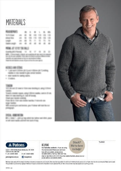 A smiling man wearing a gray knitted sweater and jeans stands with hands in pockets. Next to him, there is a list of knitting materials. The tone is friendly and inviting.