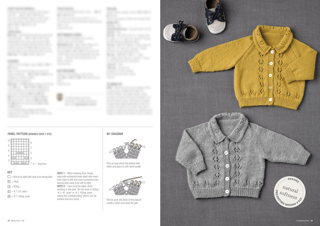 Two knitted baby cardigans, one yellow and one gray, are displayed on a gray background with baby shoes. Instructions and patterns are visible on the left.