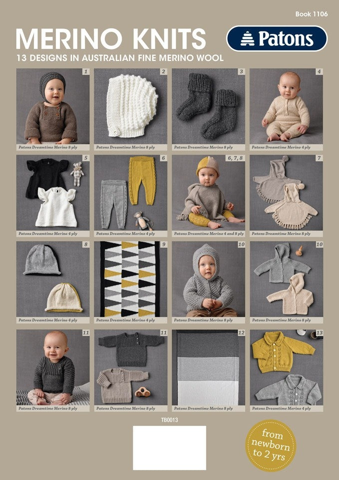Collage of baby knitwear designs using Australian Merino wool. Features various clothes and accessories in neutral and pastel colors. Warm and cozy feel.