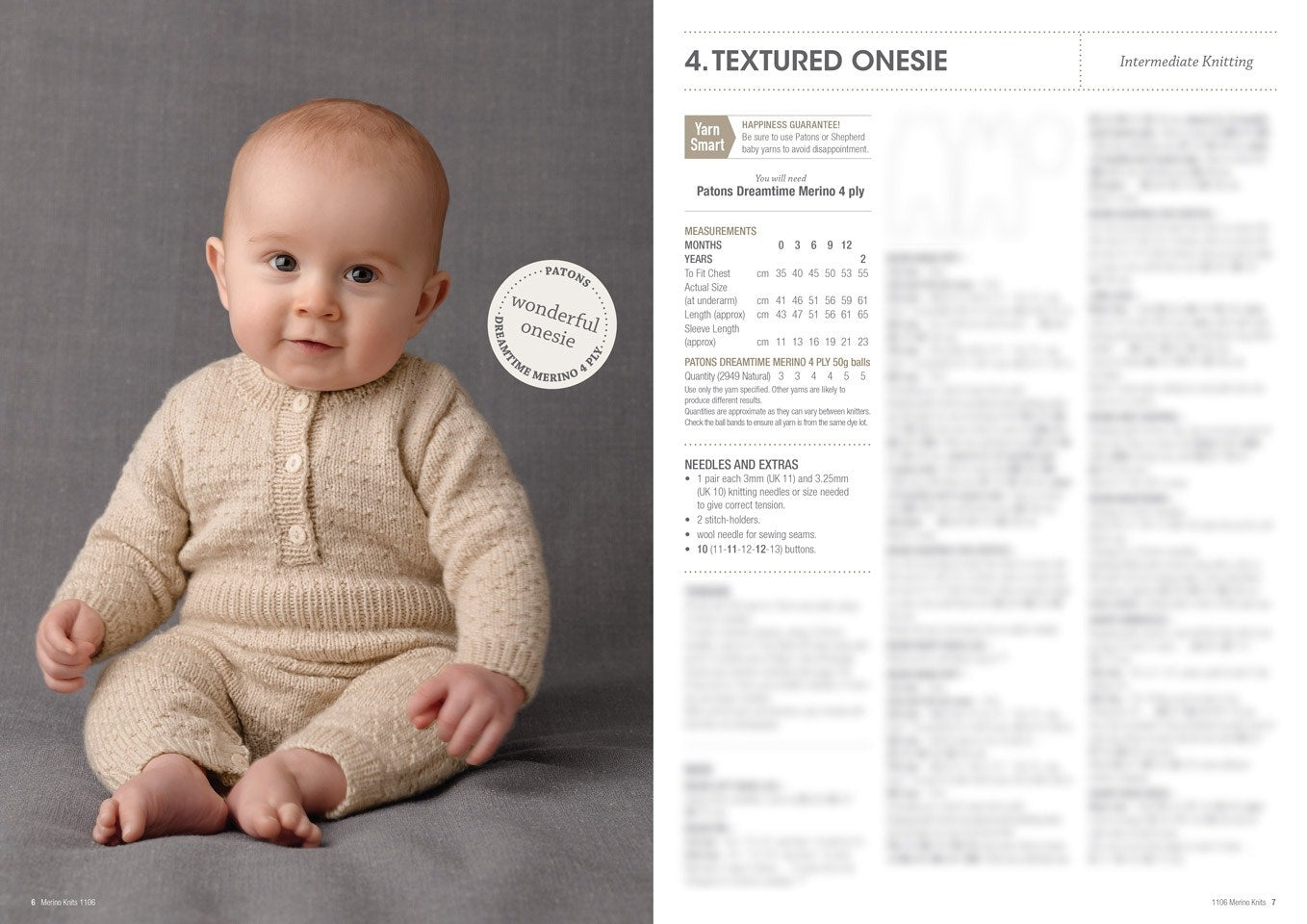 A small baby wearing a cozy, textured, cream-colored knitted onesie sits on a gray surface, smiling gently. The background features knitting instructions with text. The mood is warm and inviting.