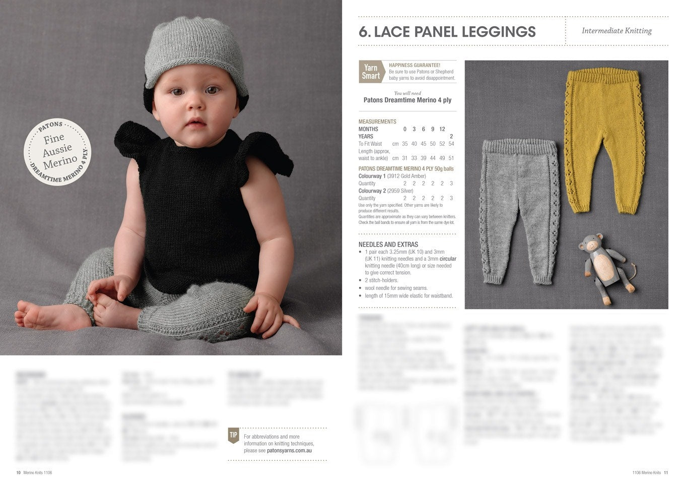 A baby in a knitted outfit with a black top, grey pants, and matching hat sits on the left. On the right, there are grey and yellow leggings, a small toy, and knitting instructions. The mood is cozy and cute.