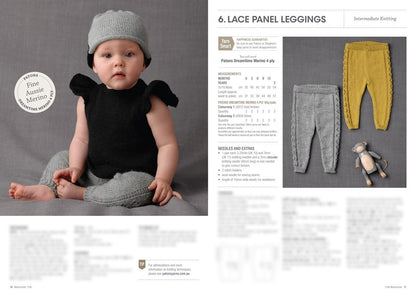 A baby in a knitted outfit with a black top, grey pants, and matching hat sits on the left. On the right, there are grey and yellow leggings, a small toy, and knitting instructions. The mood is cozy and cute.