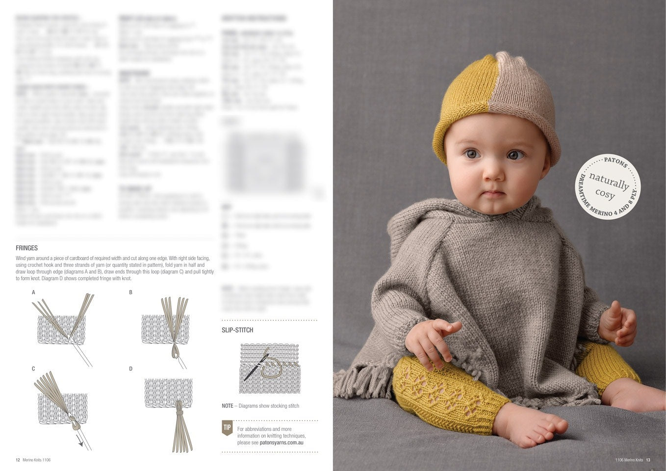 A baby wearing a cozy gray knitted poncho and a yellow and beige hat sits against a gray background. The baby looks curiously at the camera. On the left, there are blurred knitting patterns and instructions, with a focus on fringe and slip-stitch diagrams. The overall tone is warm and inviting.