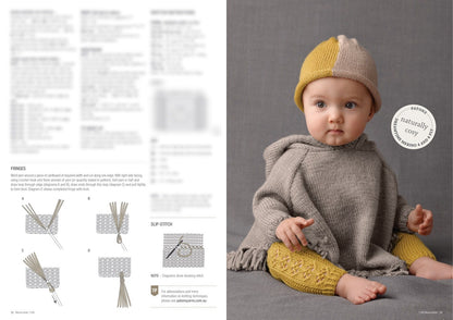 A baby wearing a cozy gray knitted poncho and a yellow and beige hat sits against a gray background. The baby looks curiously at the camera. On the left, there are blurred knitting patterns and instructions, with a focus on fringe and slip-stitch diagrams. The overall tone is warm and inviting.
