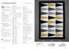 Knitting pattern booklet page for an intermediate level 'Triangle Throw.' The right side shows a knitted design with geometric triangle patterns in gray, white, black, and mustard yellow. The left side lists materials and instructions in blurred text, focusing on yarn details and needle size. The overall tone is instructional and creative.