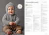 A baby in a cozy, textured gray knitted hoodie sits on a soft surface, looking curious. Text on the right provides knitting instructions for the hoodie.
