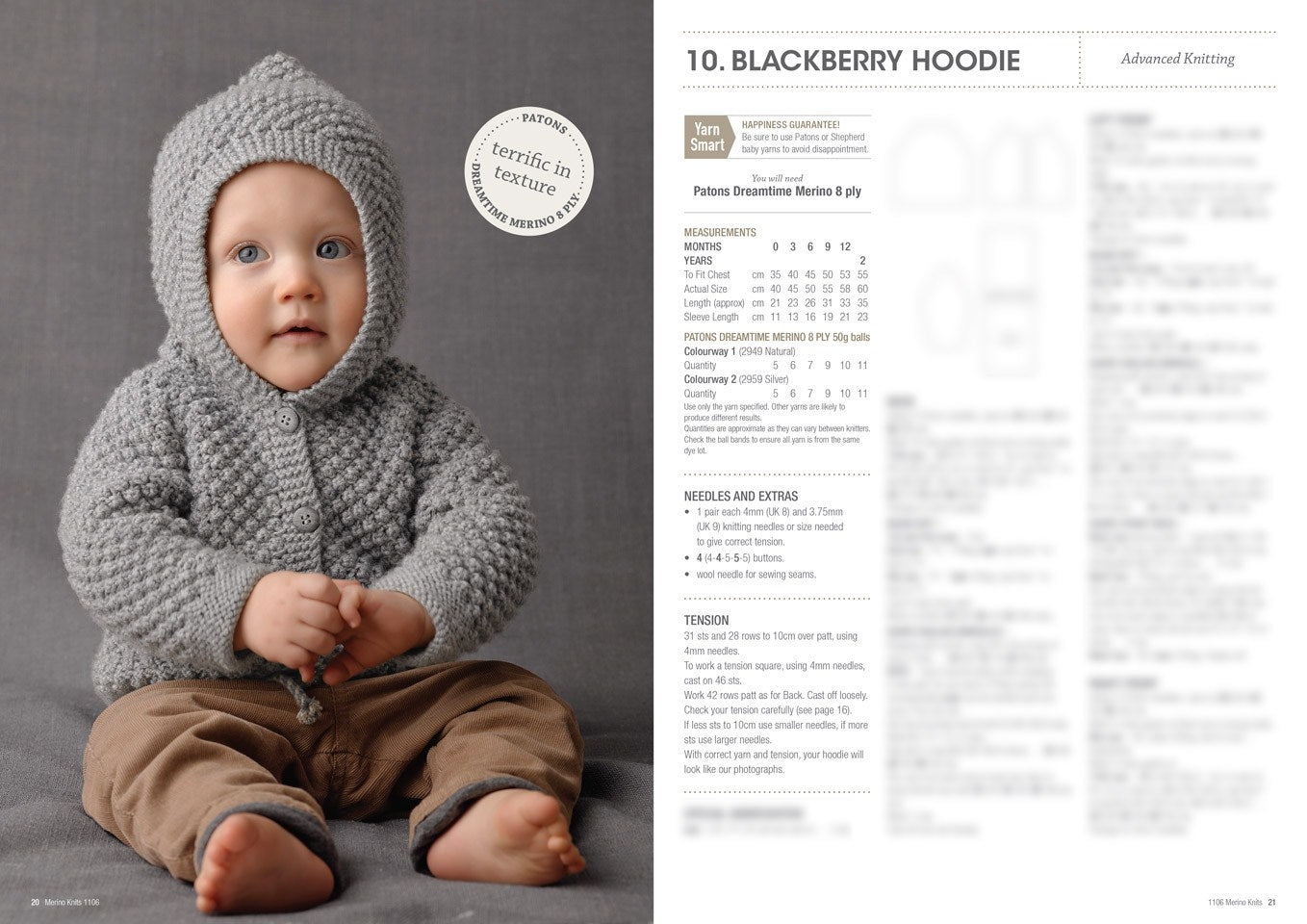 A baby in a cozy, textured gray knitted hoodie sits on a soft surface, looking curious. Text on the right provides knitting instructions for the hoodie.
