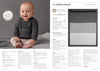 A cheerful baby wearing a gray knitted sweater sits on a striped blanket. To the right, knitting instructions and an image of a striped throw blanket are visible.