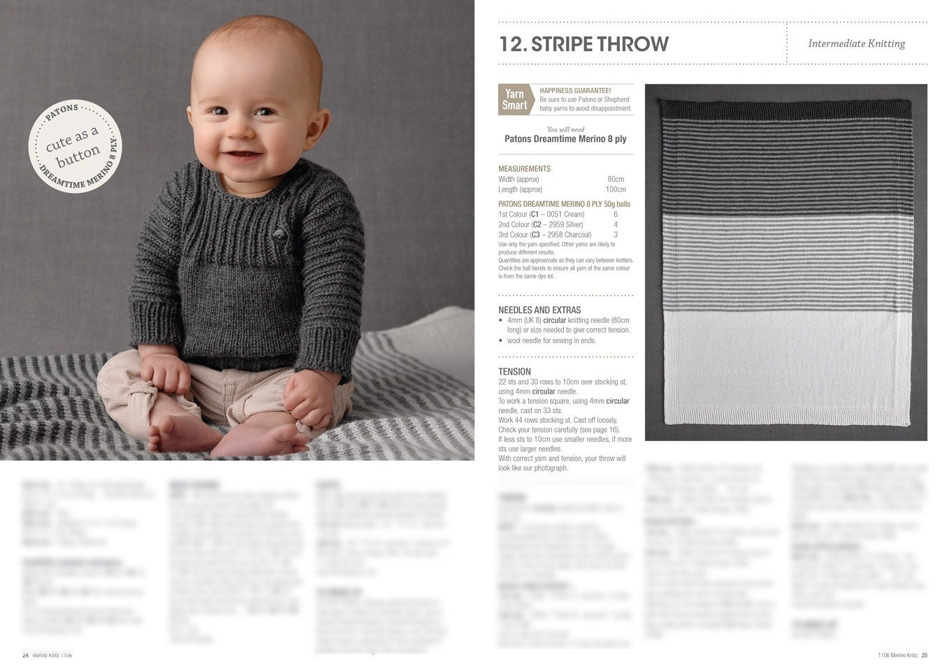 A cheerful baby wearing a gray knitted sweater sits on a striped blanket. To the right, knitting instructions and an image of a striped throw blanket are visible.