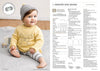 A baby sits on a soft blanket wearing a yellow sweater with a bear design and a gray beanie. They look to the side, smiling. Sweater and beanie knitting pattern and instructions are shown on the right. The tone is cozy and cheerful.