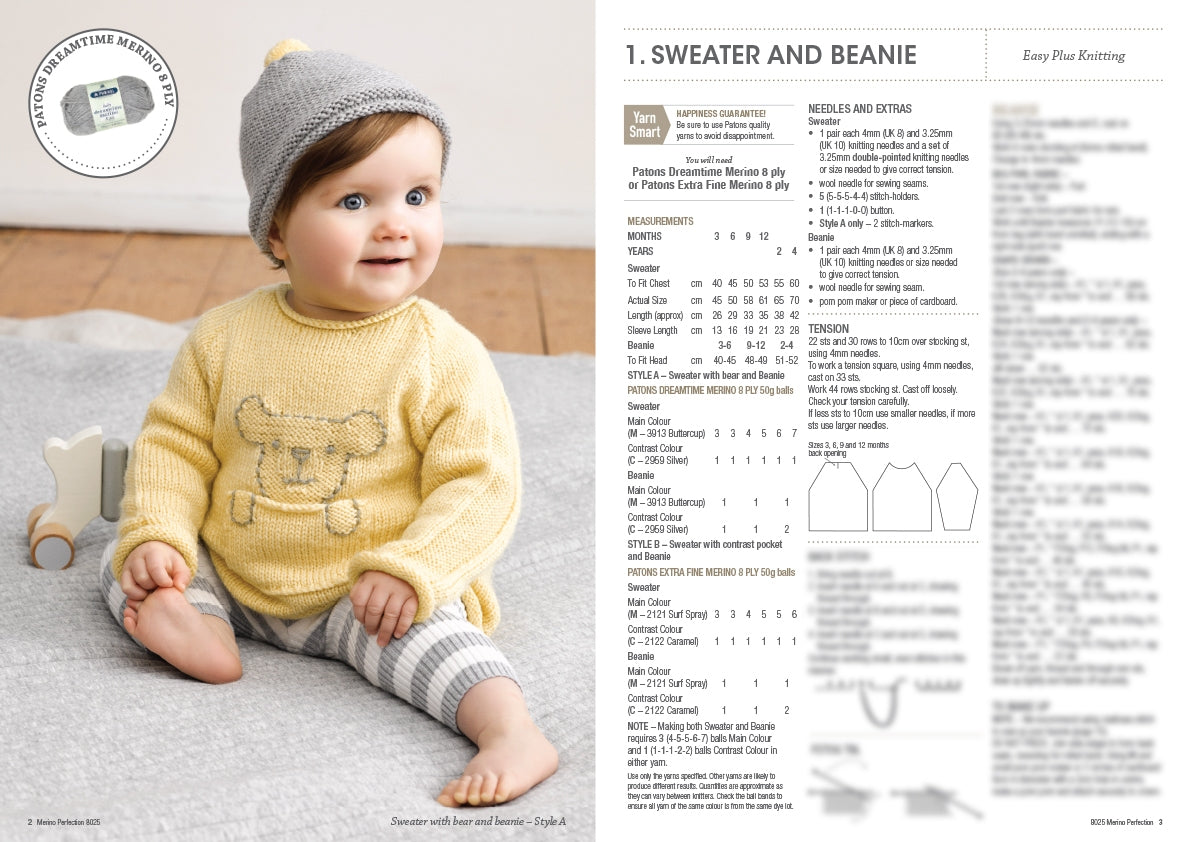 A baby sits on a soft blanket wearing a yellow sweater with a bear design and a gray beanie. They look to the side, smiling. Sweater and beanie knitting pattern and instructions are shown on the right. The tone is cozy and cheerful.