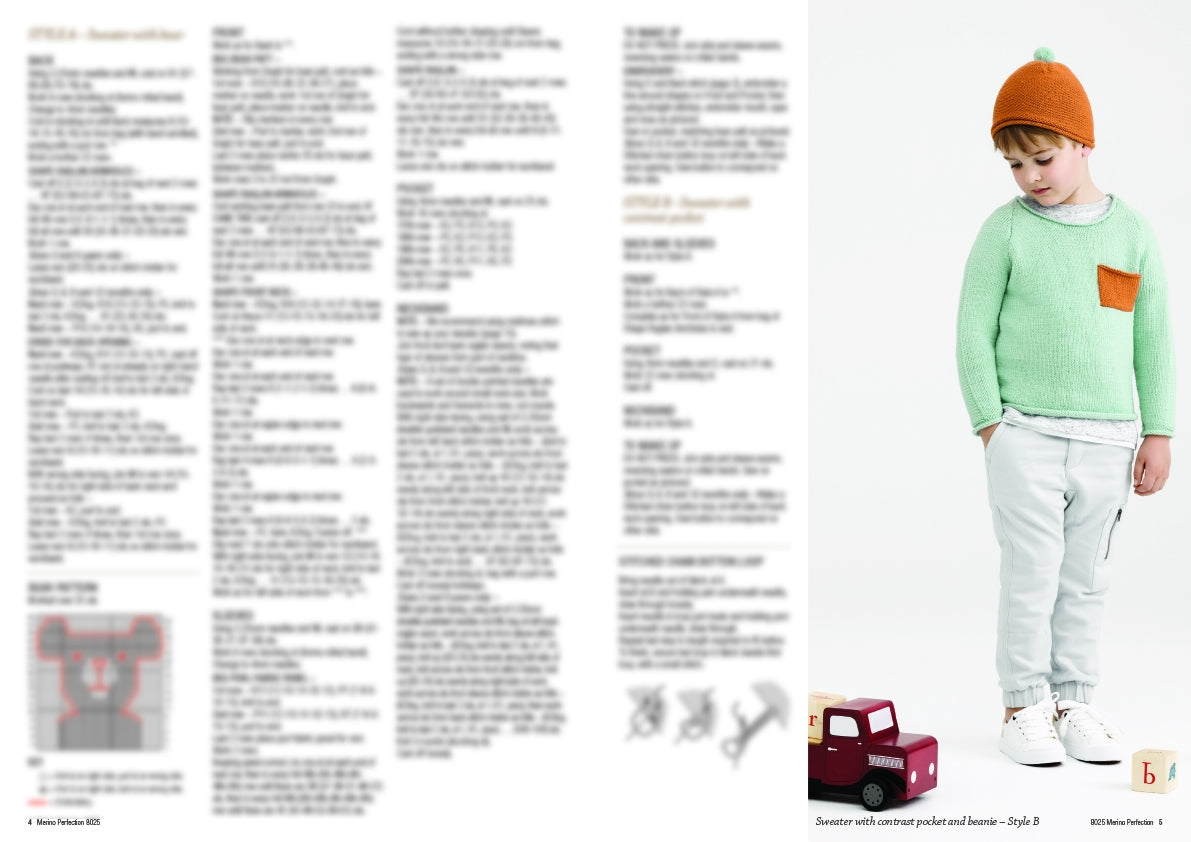 A young child stands wearing a light green sweater with an orange pocket and matching beanie, next to a toy truck. The background is plain, creating a playful, cozy mood. Text instructions are visible on the left.