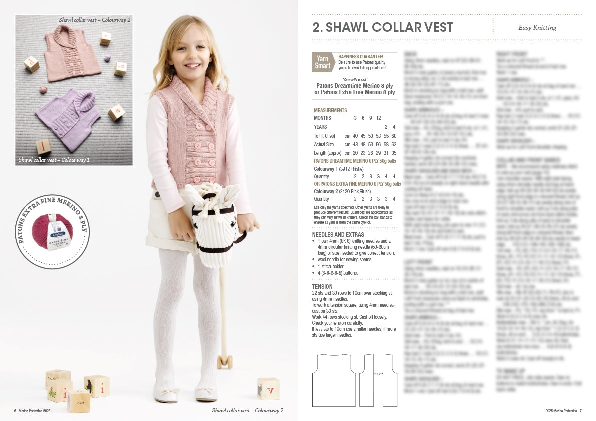 A young girl wearing a pink shawl collar vest smiles, holding a toy horse. To her left, two vests are displayed with blocks. Text on the right details knitting instructions for the vest. The tone is cheerful and crafty.