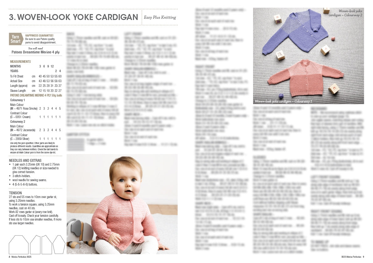 A knitting pattern page titled "Woven-Look Yoke Cardigan" features measurements, yarn details, and instructions. Below, a baby wears a pink cardigan. To the right, a photo shows pink and purple cardigans with wooden blocks, creating a cozy, handmade feel.