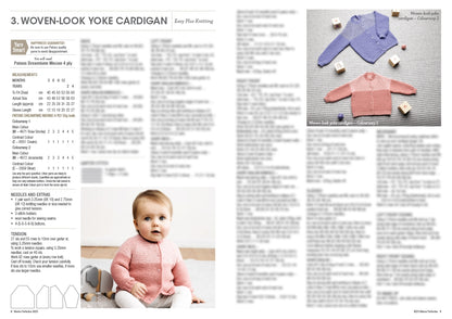A knitting pattern page titled "Woven-Look Yoke Cardigan" features measurements, yarn details, and instructions. Below, a baby wears a pink cardigan. To the right, a photo shows pink and purple cardigans with wooden blocks, creating a cozy, handmade feel.