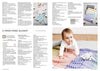 A baby crawls on a colorful, striped blanket, with a plush bunny. The scene is warm and cozy. Text describes a "Tweed Panel Blanket" knitting pattern.