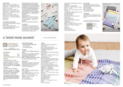 A baby crawls on a colorful, striped blanket, with a plush bunny. The scene is warm and cozy. Text describes a "Tweed Panel Blanket" knitting pattern.
