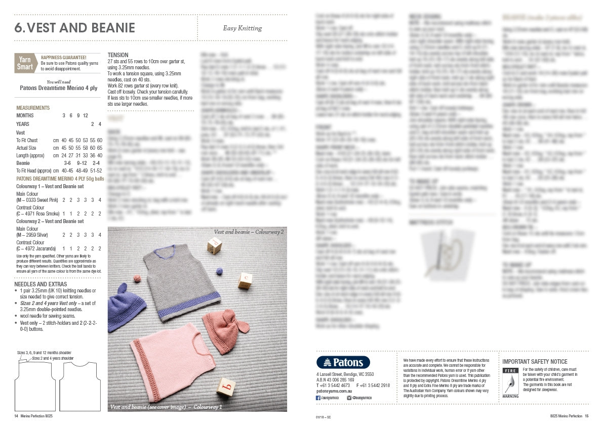 A knitting pattern page titled "Vest and Beanie" shows instructions and measurements. Below, a photo displays a gray vest with a purple trim and hat, and a pink vest with a matching hat on a textured surface. Wooden blocks and yarn balls are scattered nearby. The tone is cozy and inviting, emphasizing easy knitting.