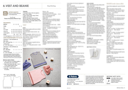 A knitting pattern page titled "Vest and Beanie" shows instructions and measurements. Below, a photo displays a gray vest with a purple trim and hat, and a pink vest with a matching hat on a textured surface. Wooden blocks and yarn balls are scattered nearby. The tone is cozy and inviting, emphasizing easy knitting.