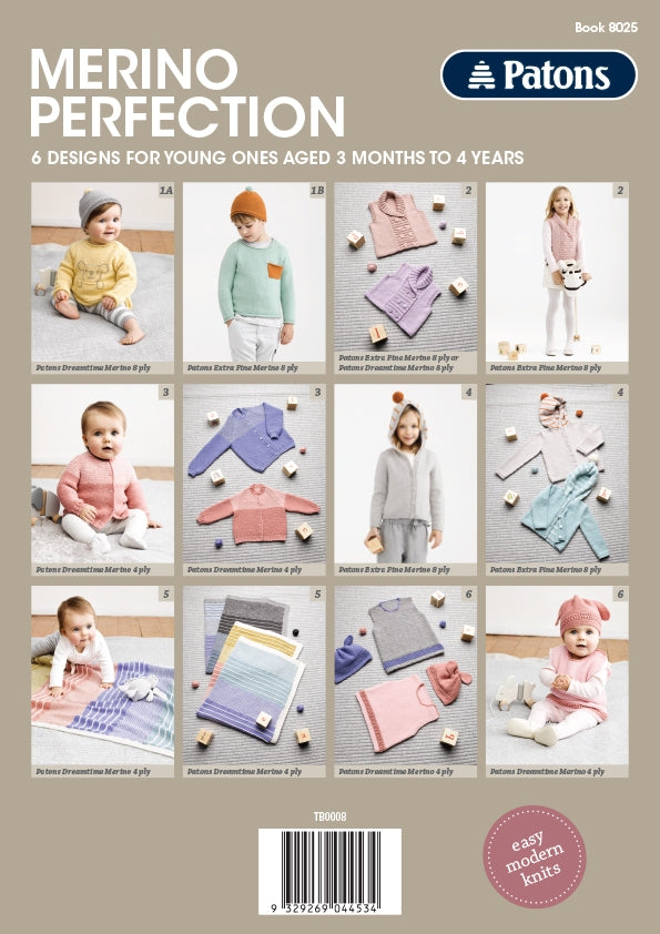 Cover of a knitting pattern book titled "Merino Perfection" by Patons. Features six designs for children with photos of completed knitwear and toddlers wearing them.