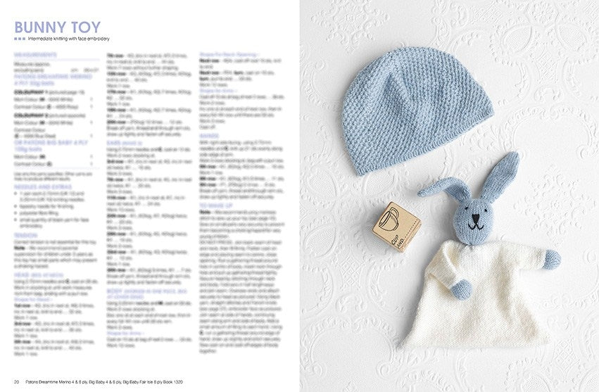 Knitting pattern titled "Bunny Toy" with text instructions. Right side shows a knitted blue hat, a smiling bunny toy with a white body, and a wooden block.