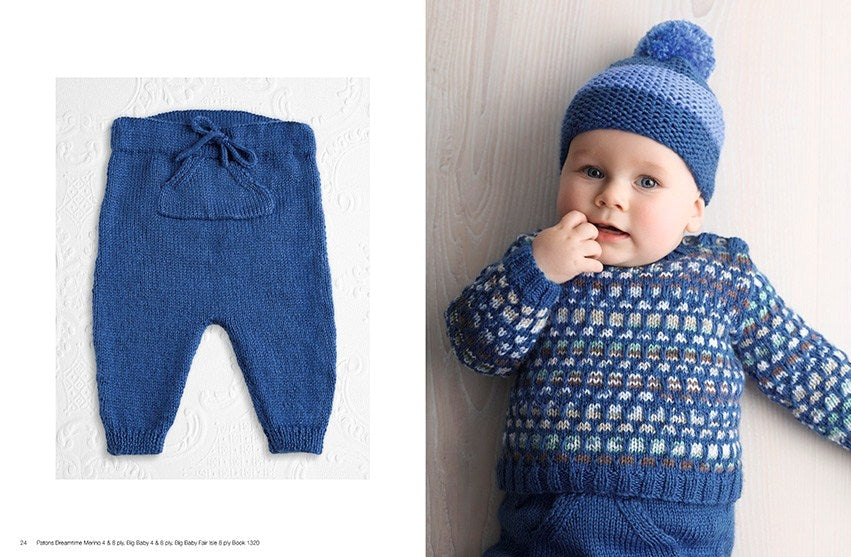 A blue knitted baby outfit. Left: plain blue pants with a drawstring. Right: baby in a blue patterned sweater and hat, looking content.