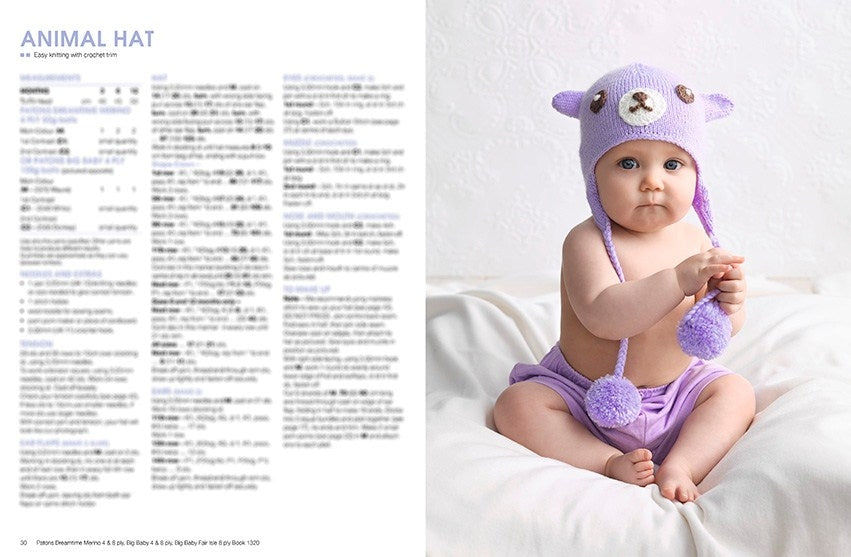A baby sits on a soft white blanket wearing a purple animal hat with ear flaps and pom-poms, matching diaper cover. Text on left with knitting instructions.