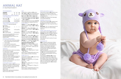 A baby sits on a soft white blanket wearing a purple animal hat with ear flaps and pom-poms, matching diaper cover. Text on left with knitting instructions.