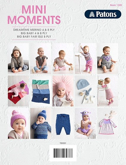 Cover of a knitting pattern book titled "Mini Moments" by Patons. Features various images of babies in colorful knitted outfits and accessories. The tone is cozy and playful.