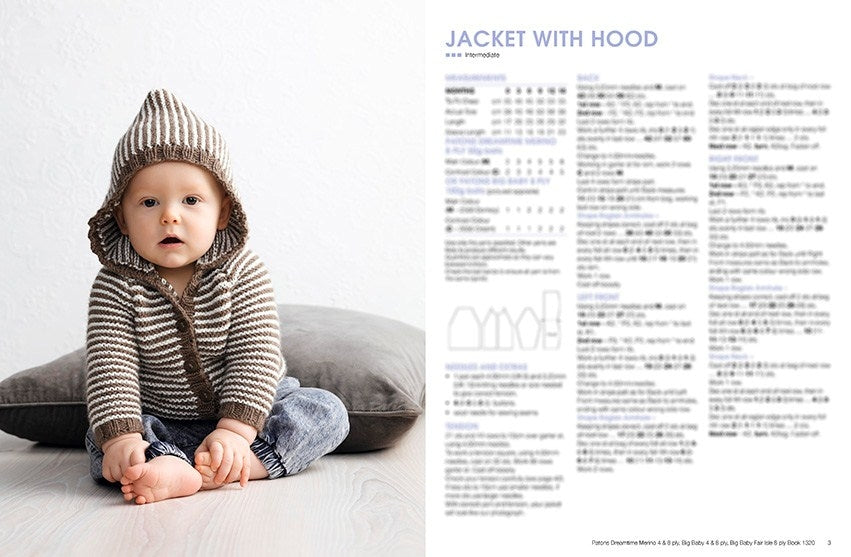A baby wearing a striped hooded jacket and jeans sits on a soft cushion. Next to the baby, a page of knitting instructions titled "Jacket with Hood."